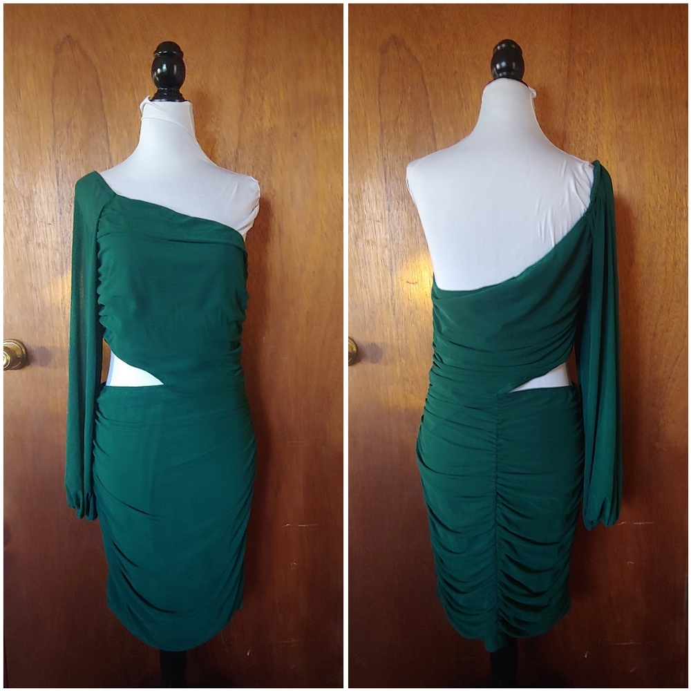 NWT BTFBM One Shoulder Ruched Cut Out Mesh Long Bodycon Cocktail Mini Dress L - Picture 5 of 14